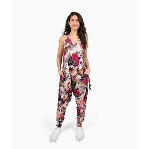 Buddha Pants Womens Cotton Lightweight V-Neck Flower Kira Jumpsuit Multicolor